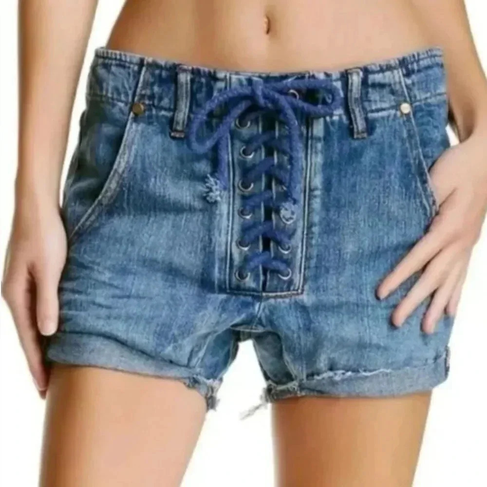 One Teaspoon Shorts Super Freak Denim Jeans Ripped Lace Up Front Blue Size 26